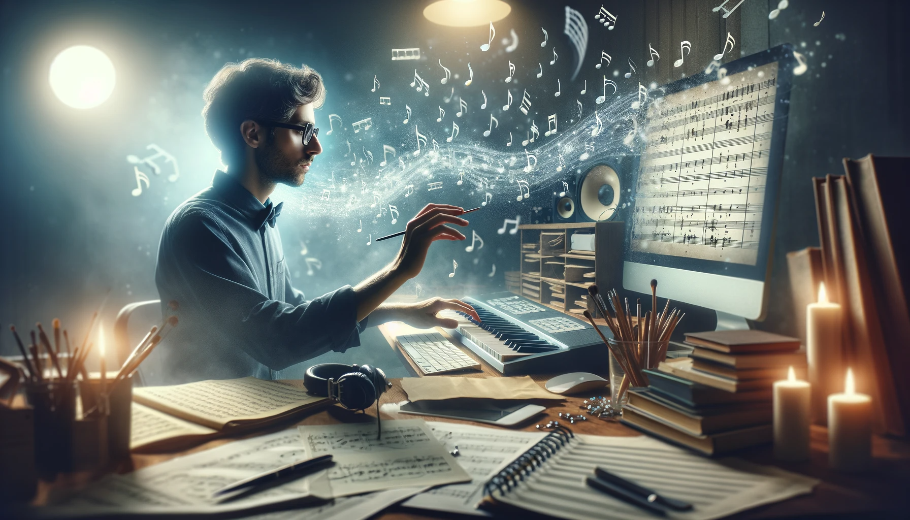 Compositor trabalhando em partitura com notas musicais flutuantes e instrumentos ao redor