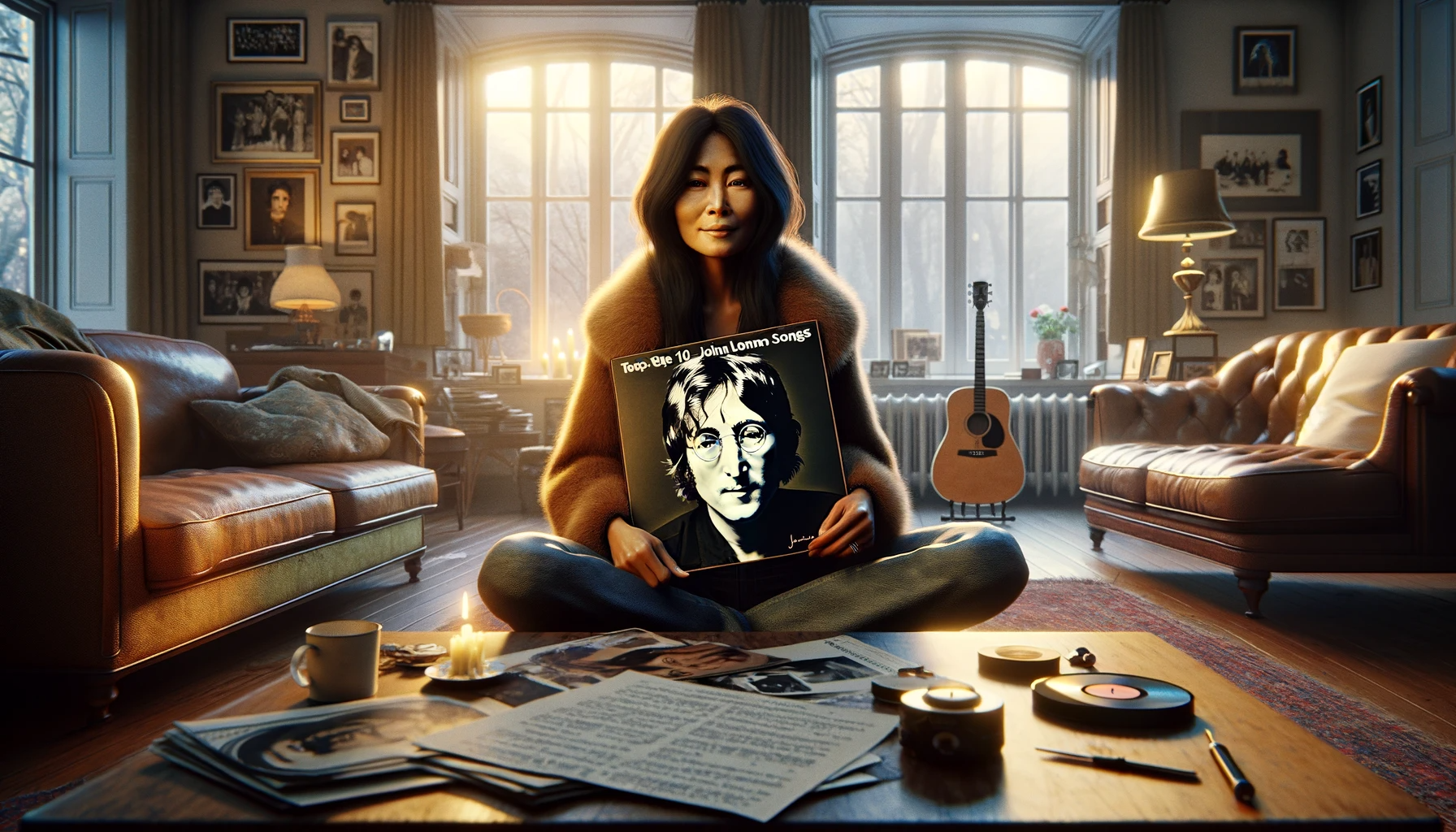 Yoko Ono segurando um disco de vinil com as melhores músicas de John Lennon em um ambiente aconchegante repleto de memorabilia.